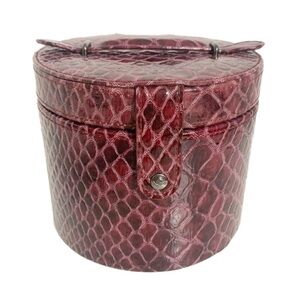 Carpisa Faux Leather Alligator Emboss Travel Round Jewelry Case Mirror Fuzz Line